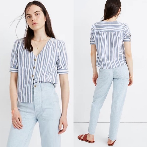 Madewell Plaza Button-Front Shirt in Stripe V Neck Short Sleeve Blue White XXS - Picture 1 of 5